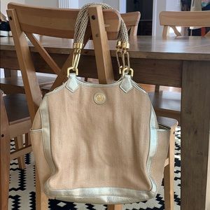 Tory Burch Channing Straw Tote Gold Leather Accent